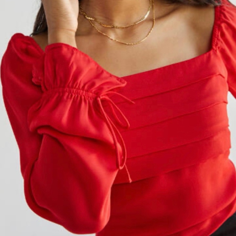 miami- Red Square-Neck Pleated Peasant Blouse Size M - Picture 2 of 12